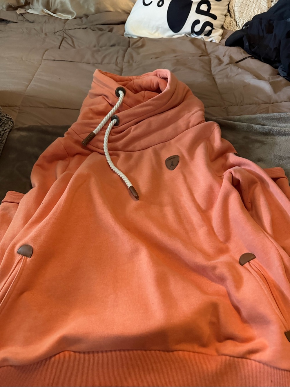 Wanakome Coral Orange Funnel Neck Pullover Hoodie
